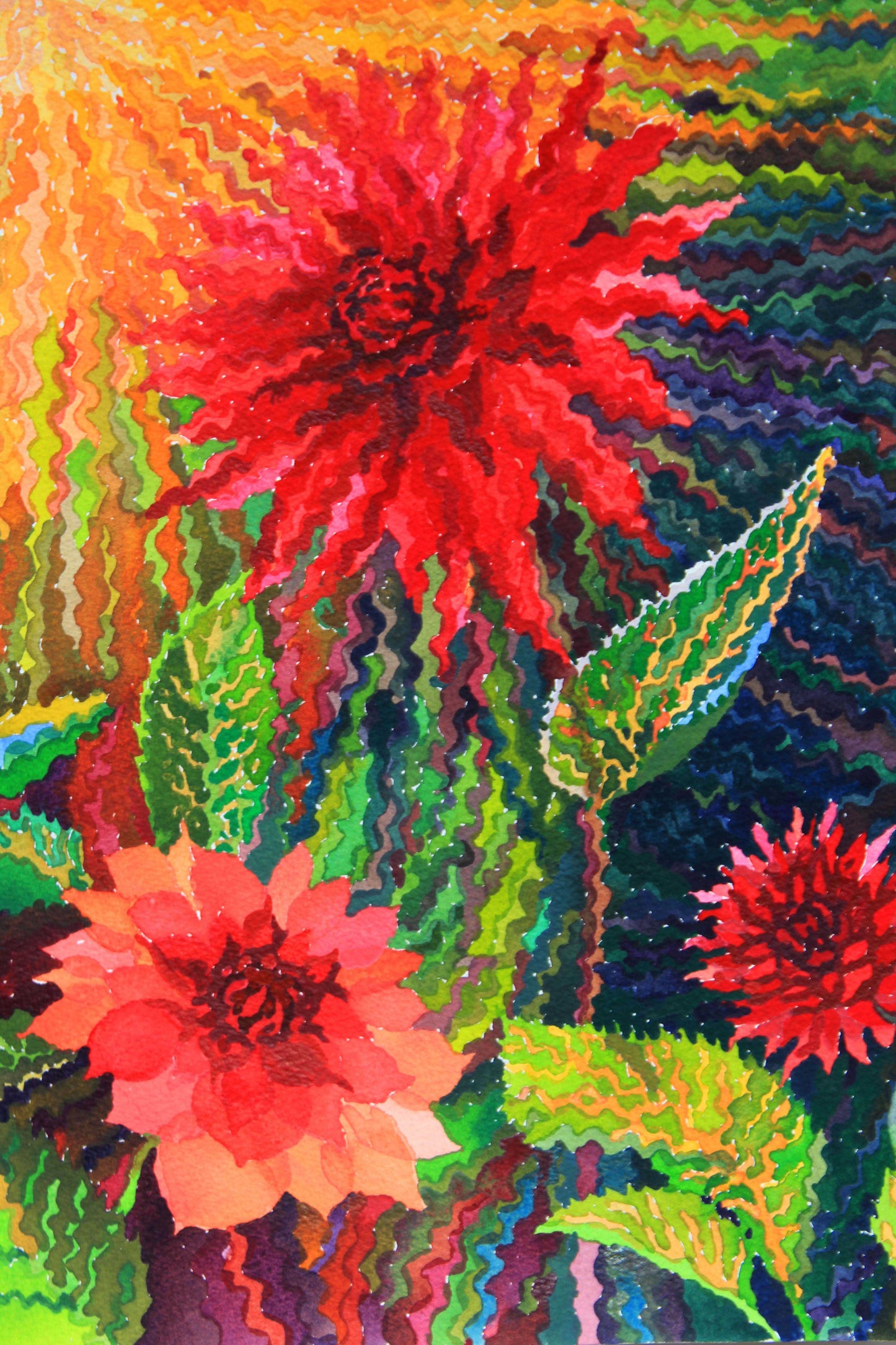 Maroon Dahlias on Yellow Sunset Watercolor Painting. Commissioned