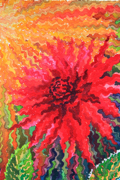 Maroon Dahlias on Yellow Sunset Watercolor Painting. Commissioned