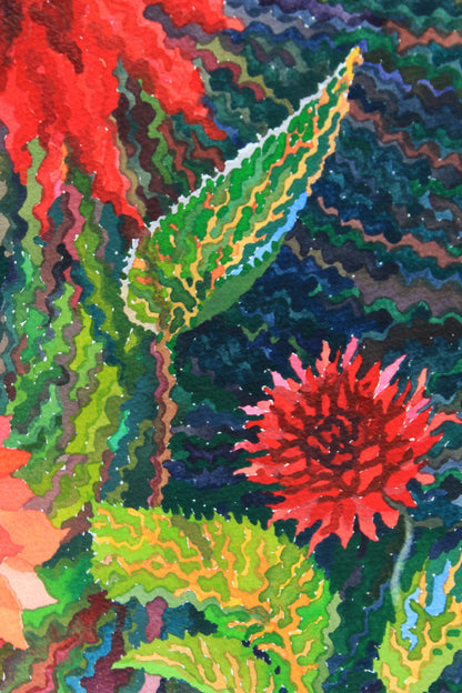 Maroon Dahlias on Yellow Sunset Watercolor Painting. Commissioned
