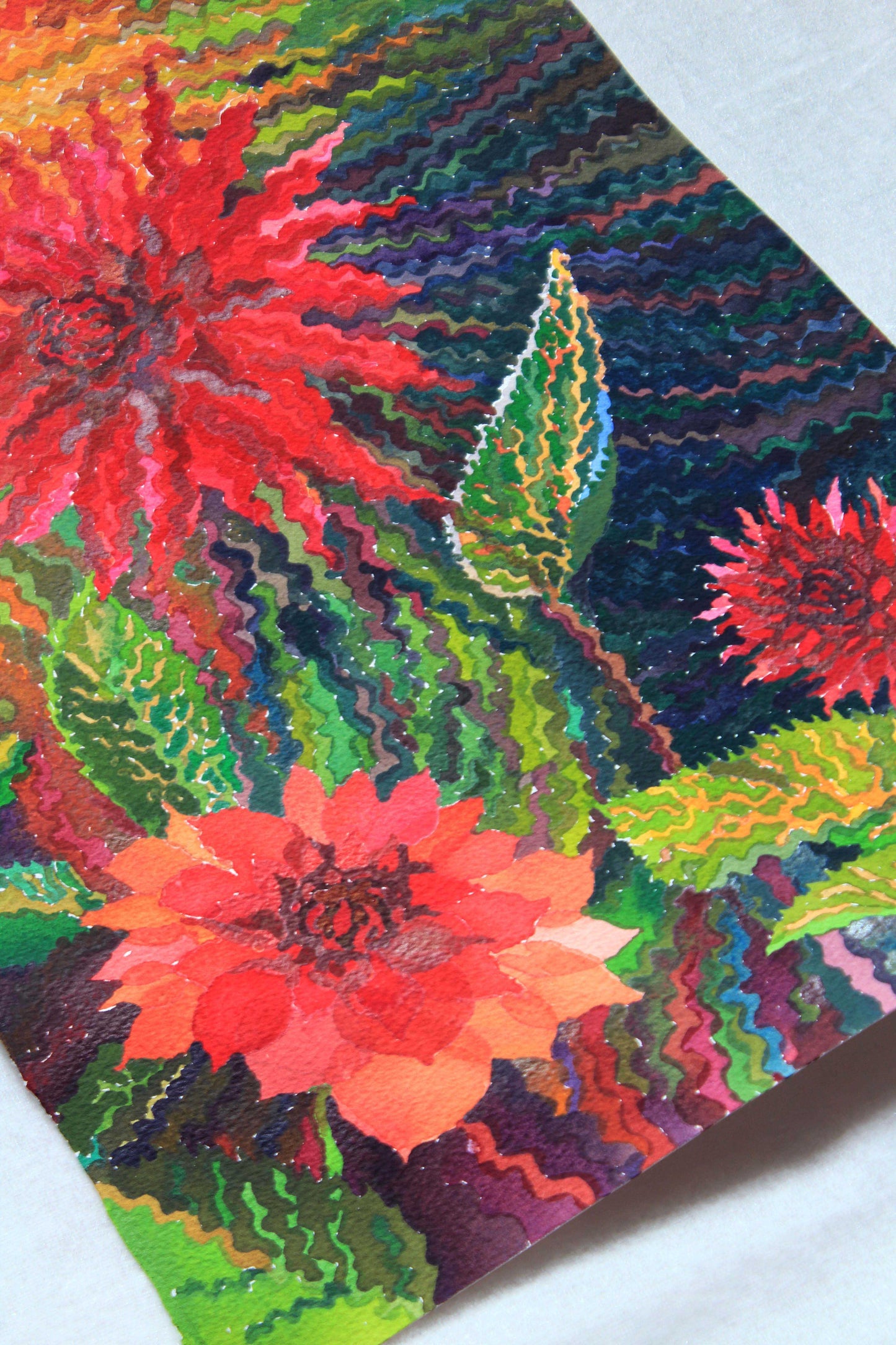 Maroon Dahlias on Yellow Sunset Watercolor Painting. Commissioned