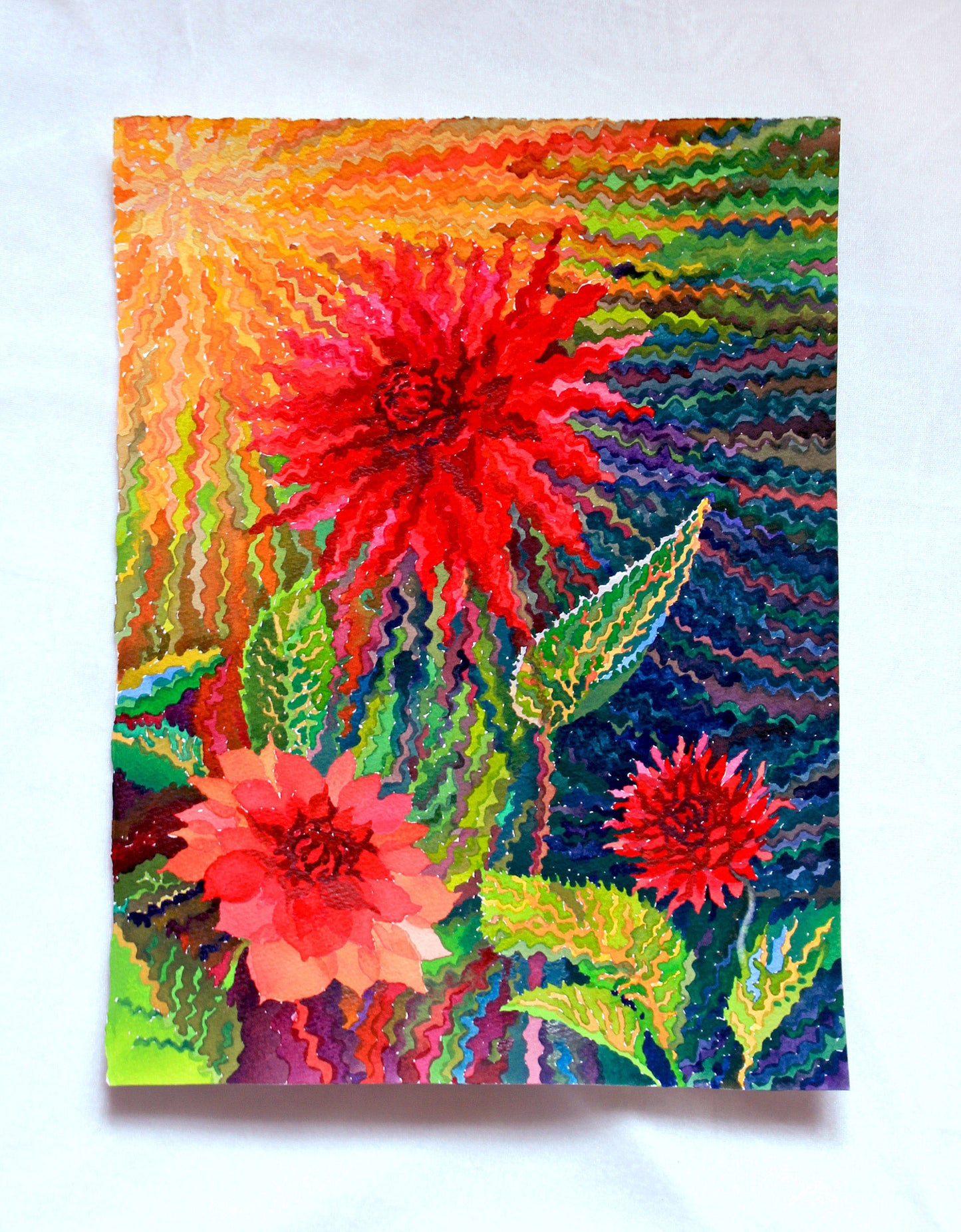 Maroon Dahlias on Yellow Sunset Watercolor Painting. Commissioned