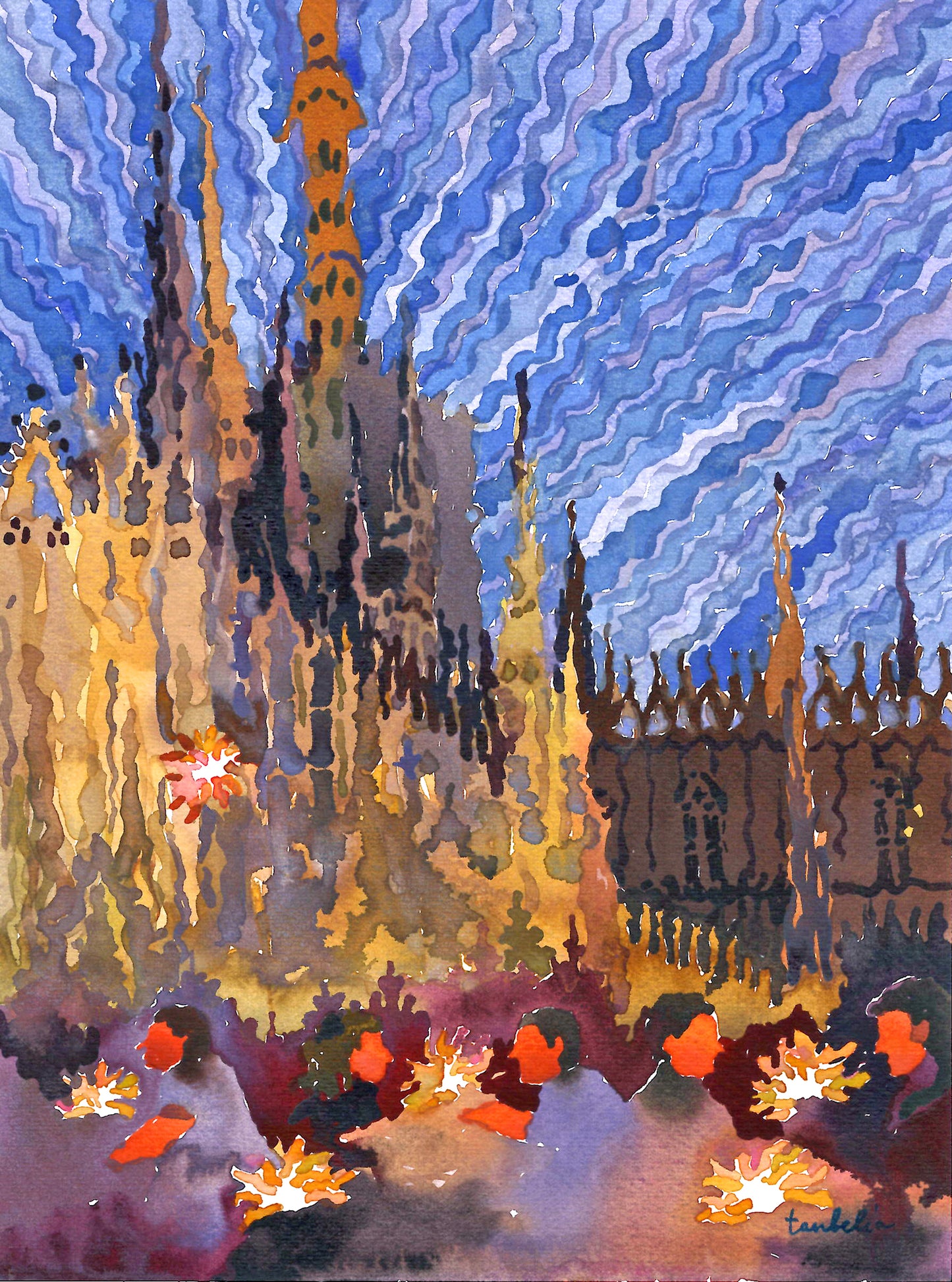 Milan City Watercolor Painting by Tanbelia