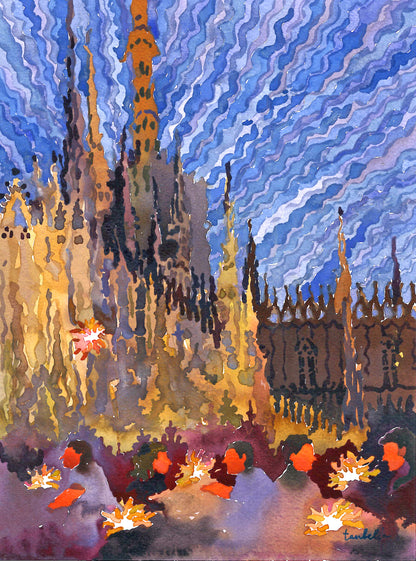 Milan City Watercolor Painting by Tanbelia