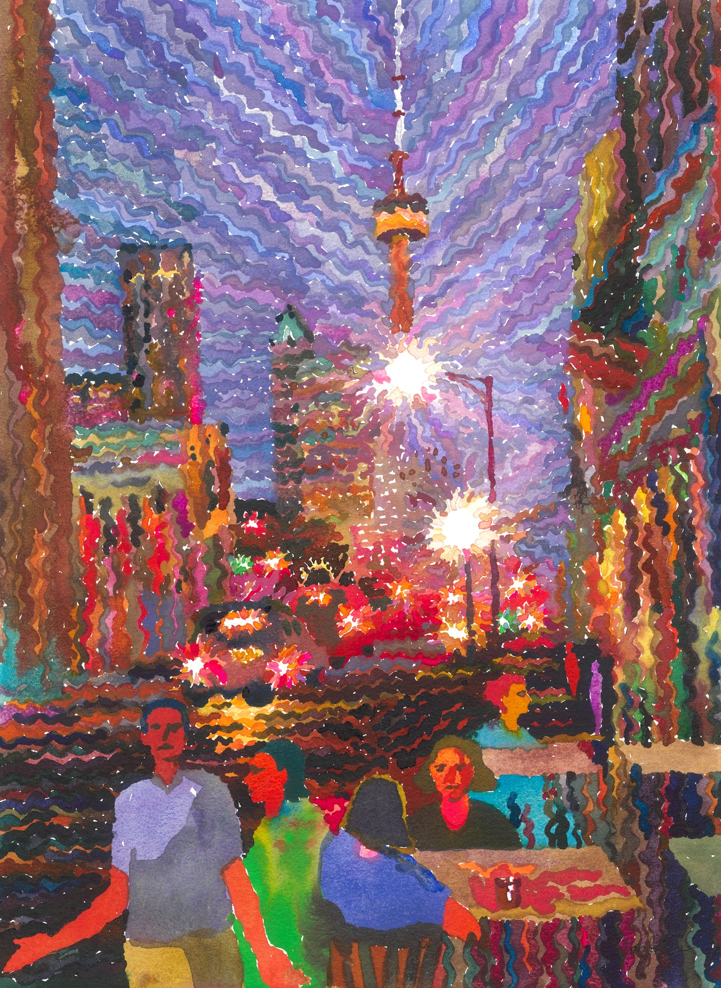 Night Toronto Watercolor Painting by Tanbelia