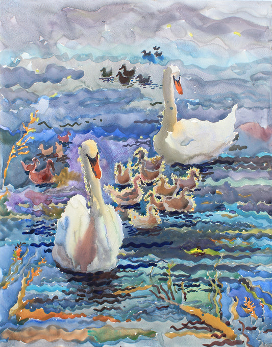 Swans Watercolor Original Painting by Tanbelia