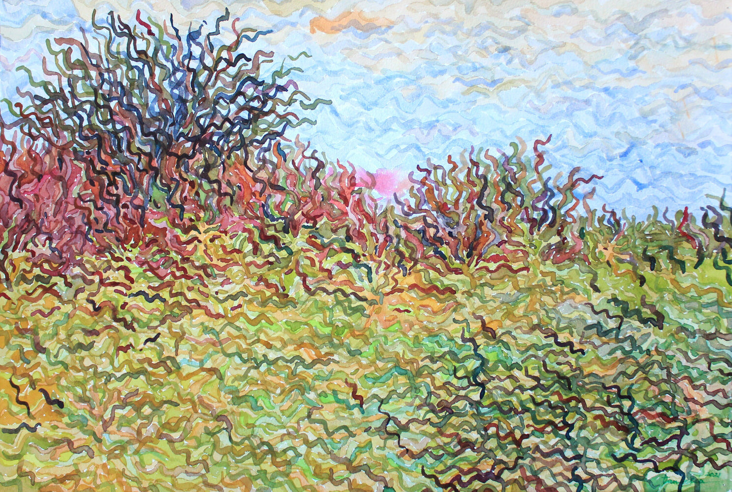 Goldenrod Field Watercolor Painting by Tanbelia