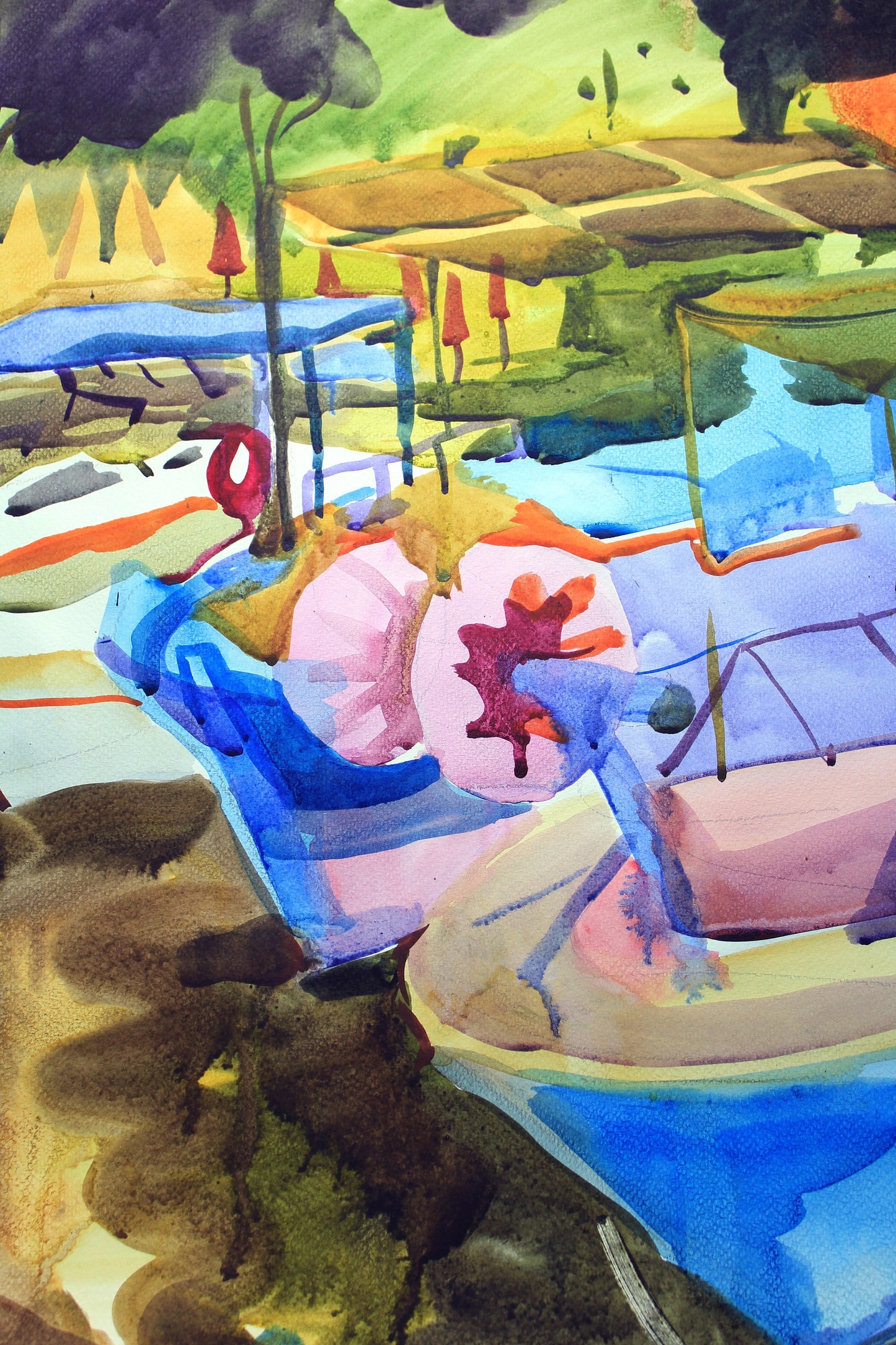 Fishing Boats in Harbor Watercolor Artwork by Tanbelia