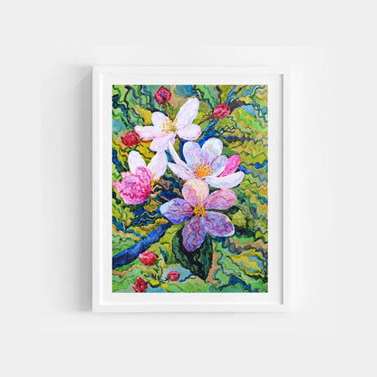 White Apple Blossom Watercolor Painting by Tanbelia