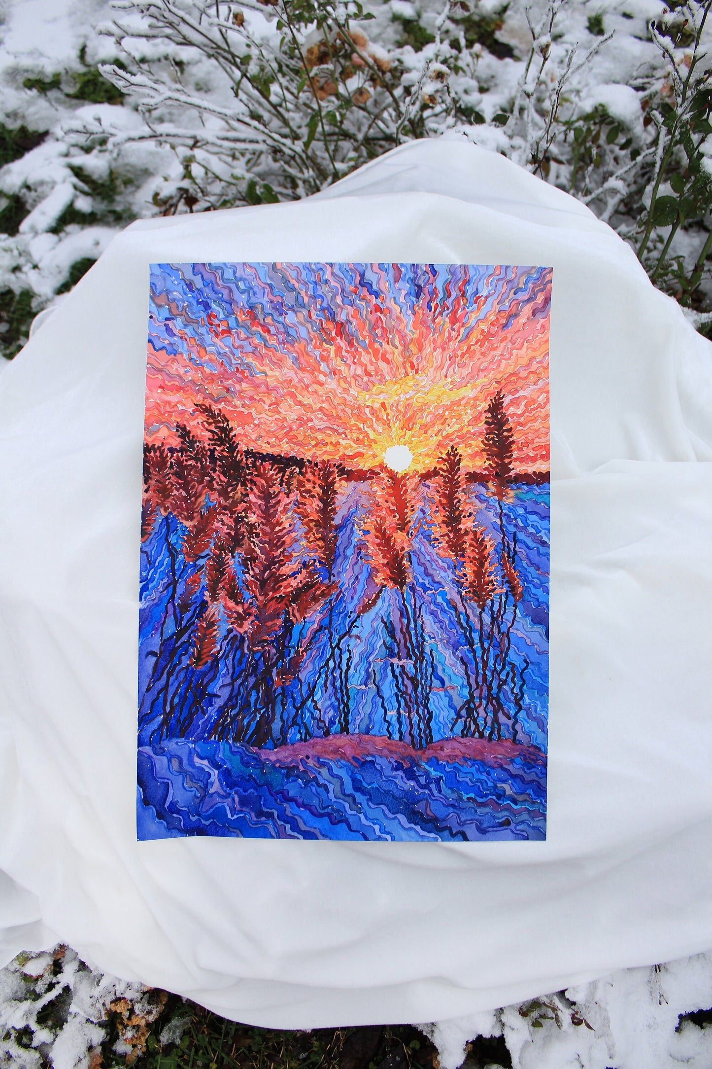 Winter Sunset Landscape Watercolor Original Painting by Tanbelia