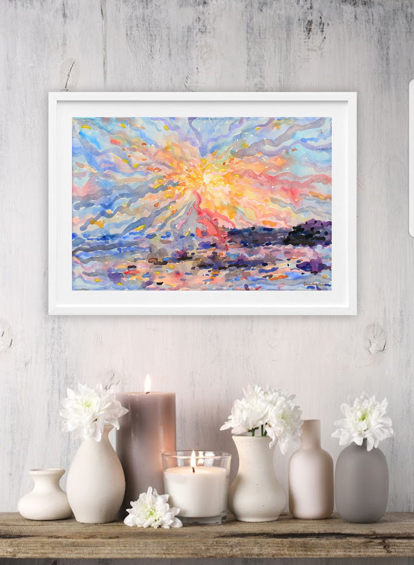 Indian Ocean Sunset Watercolor Painting by Tanbelia