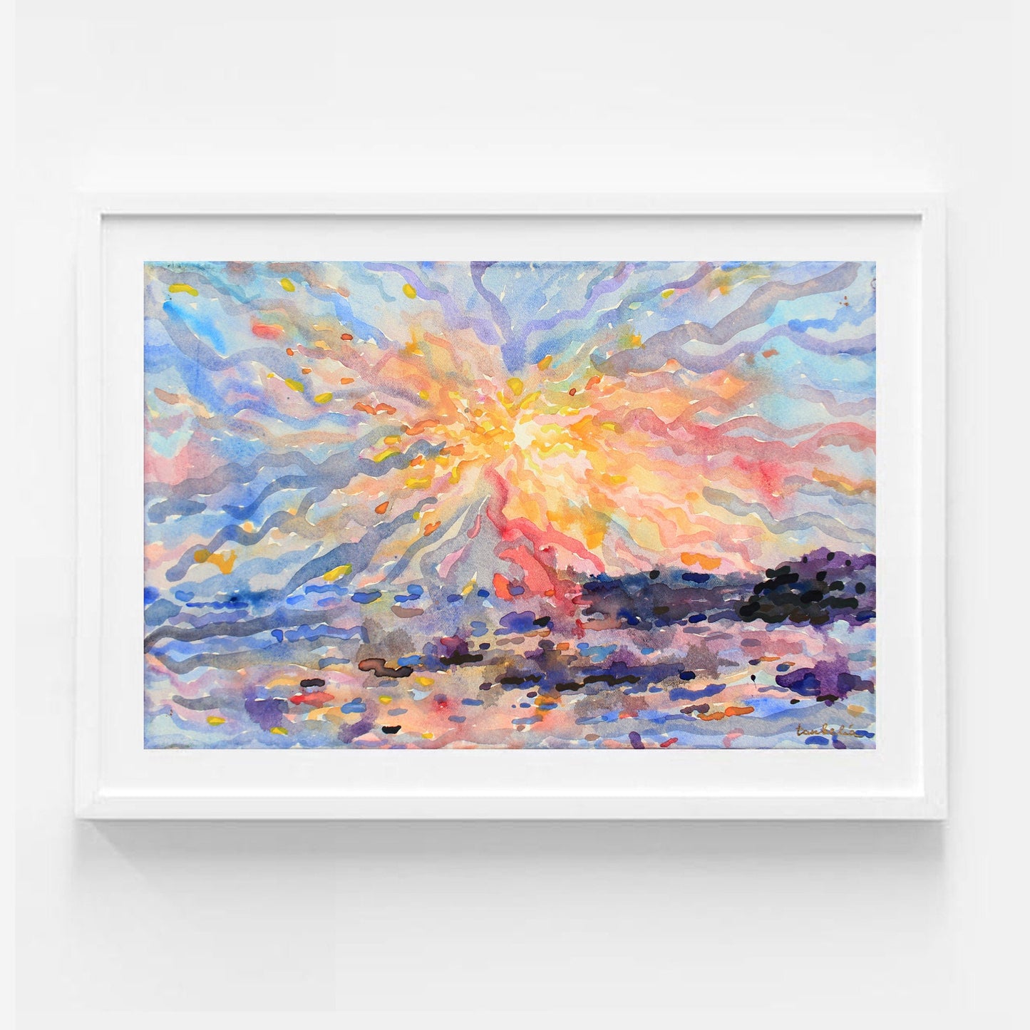 Indian Ocean Sunset Watercolor Painting by Tanbelia