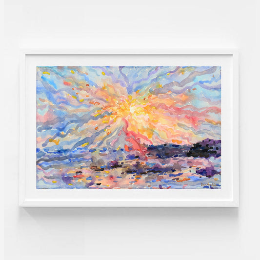 Indian Ocean Sunset Watercolor Painting by Tanbelia