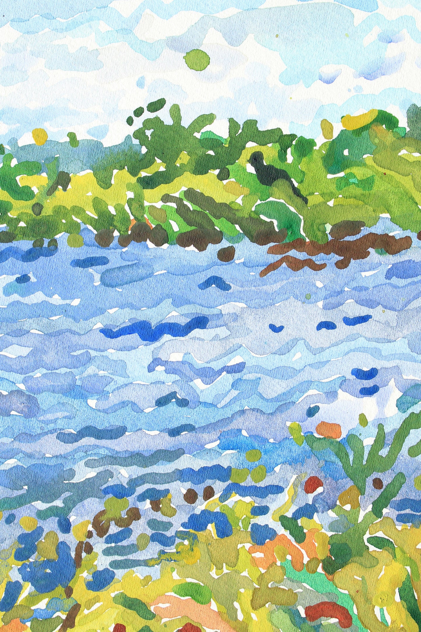 Blue Lake Watercolor Original Painting by Tanbelia