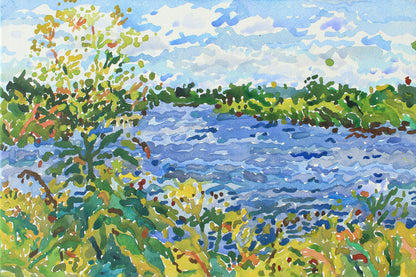 Blue Lake Watercolor Original Painting by Tanbelia