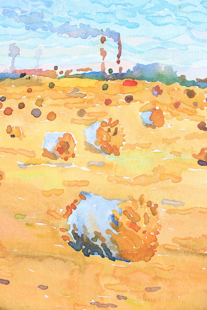 Bale of Hay Watercolor Original Painting by Tanbelia