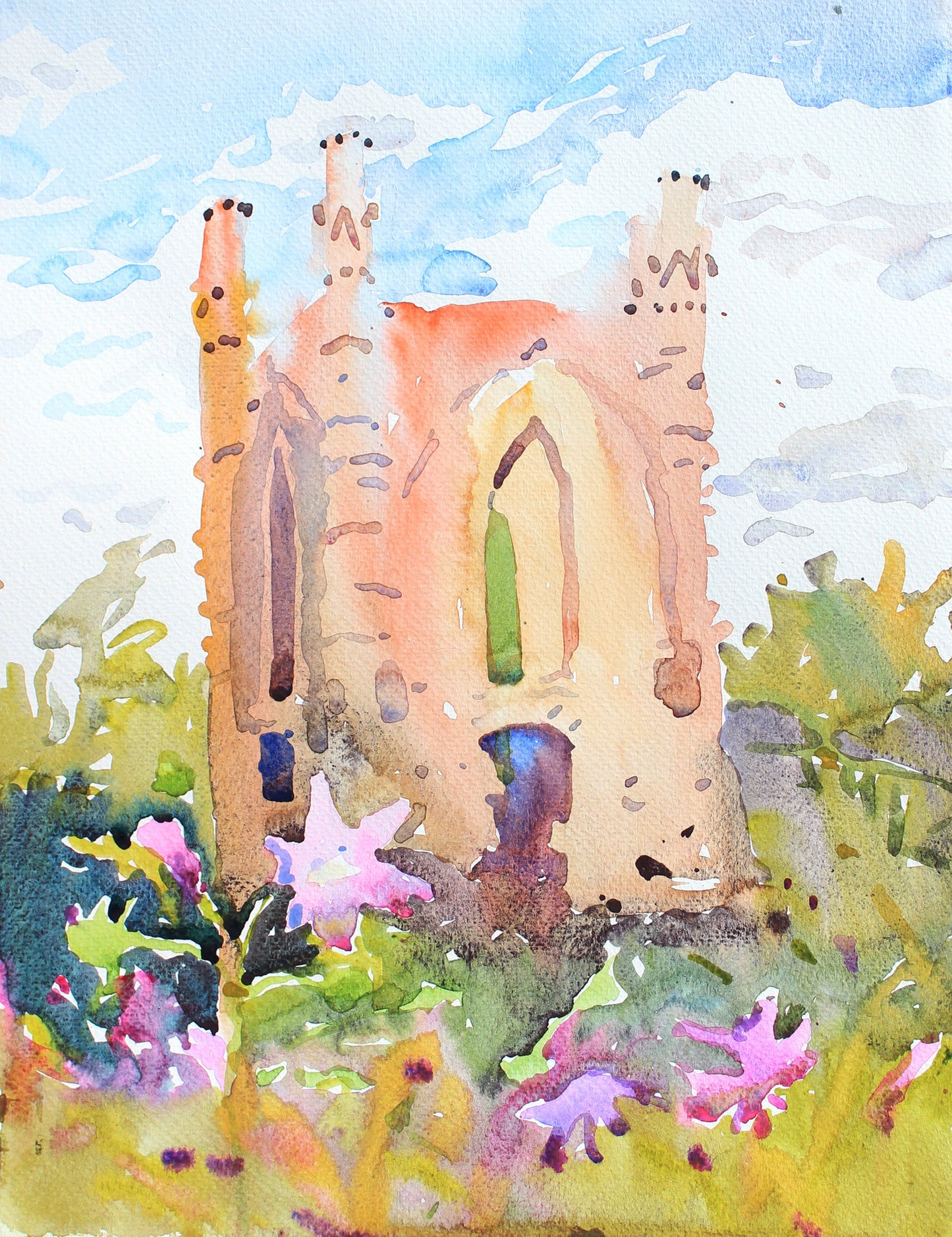 Novomalyn Castle in Ukraine Watercolor Painting by Tanbelia