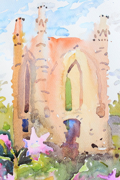 Novomalyn Castle in Ukraine Watercolor Painting by Tanbelia