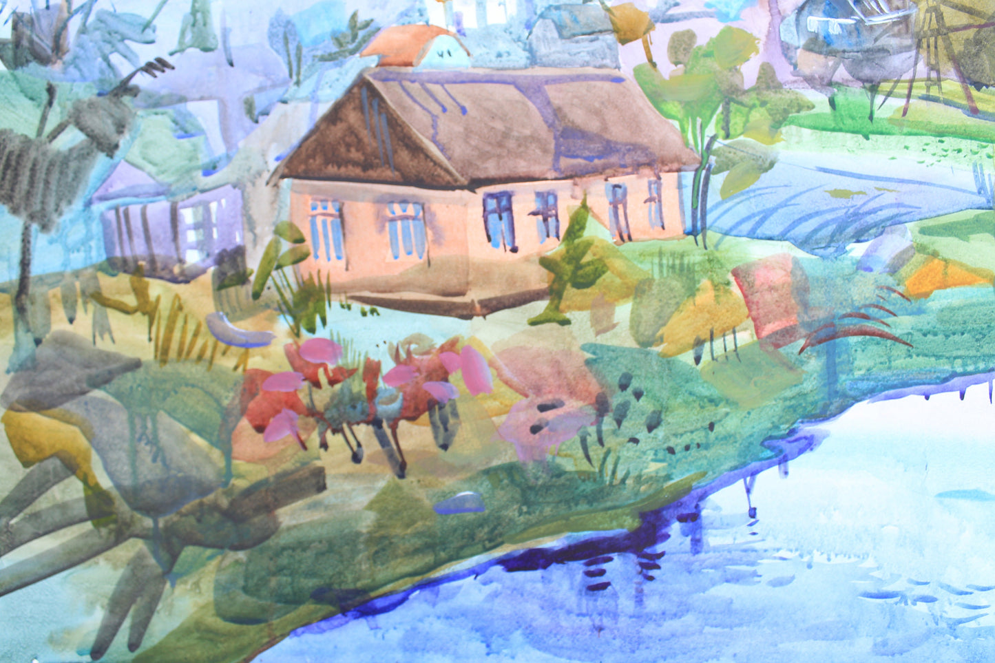 House on the River Watercolor Original Painting by Tanbelia