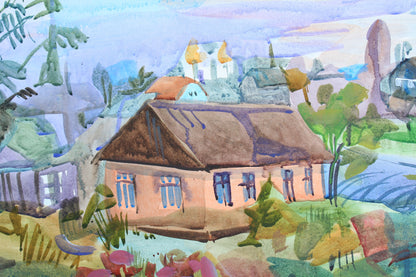 House on the River Watercolor Original Painting by Tanbelia