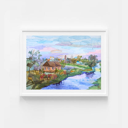 House on the River Watercolor Original Painting by Tanbelia