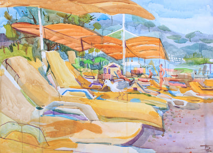 Seagull on the Beach Watercolor Painting by Tanbelia