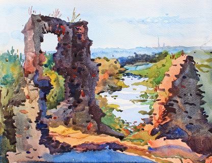 Hubkiv Castle Ruins Watercolor Original Painting by Tanbelia