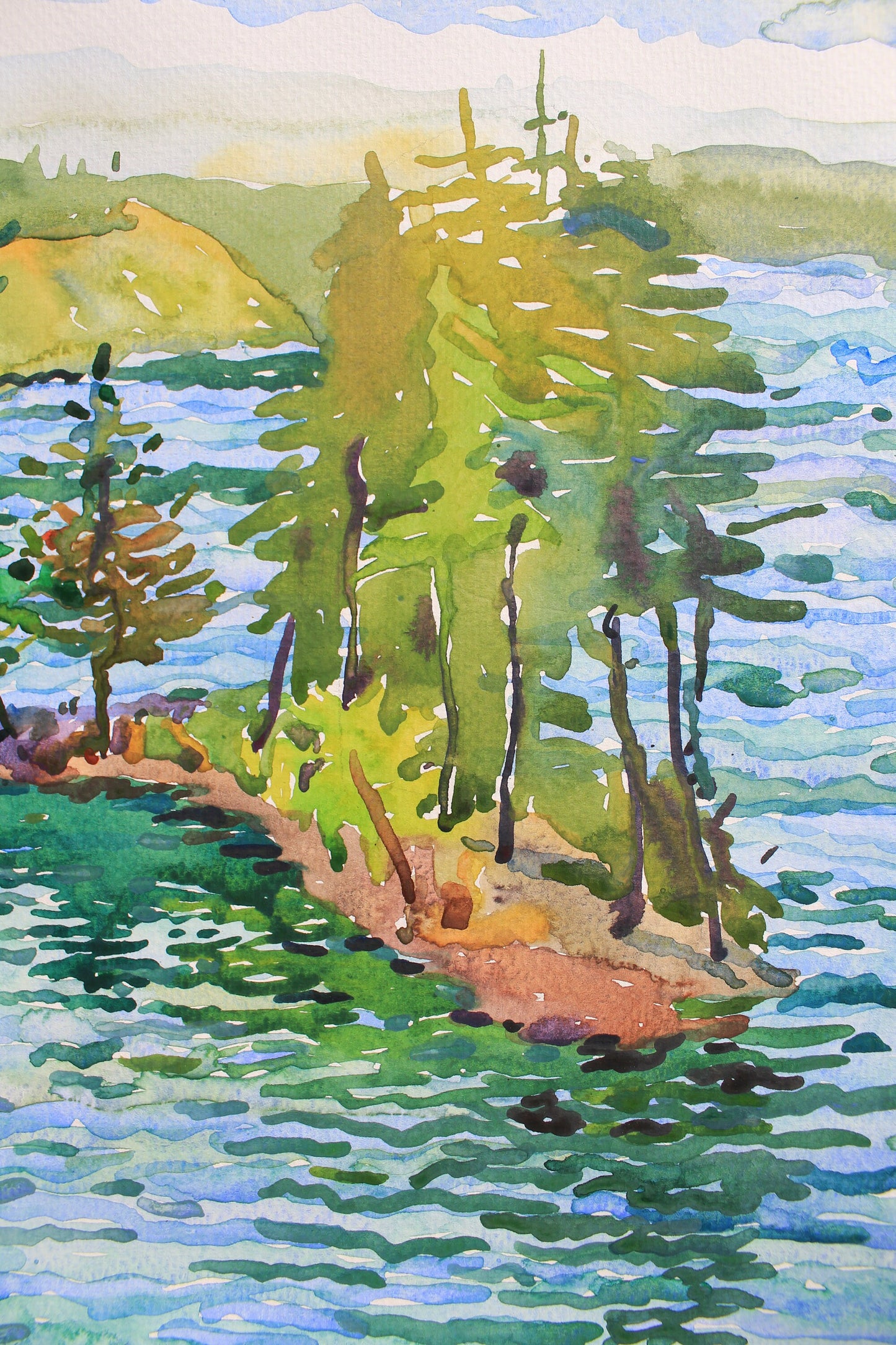 Emerald Green Lake Landscape Watercolor by Tanbelia