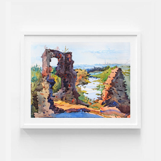 Hubkiv Castle Ruins Watercolor Original Painting by Tanbelia