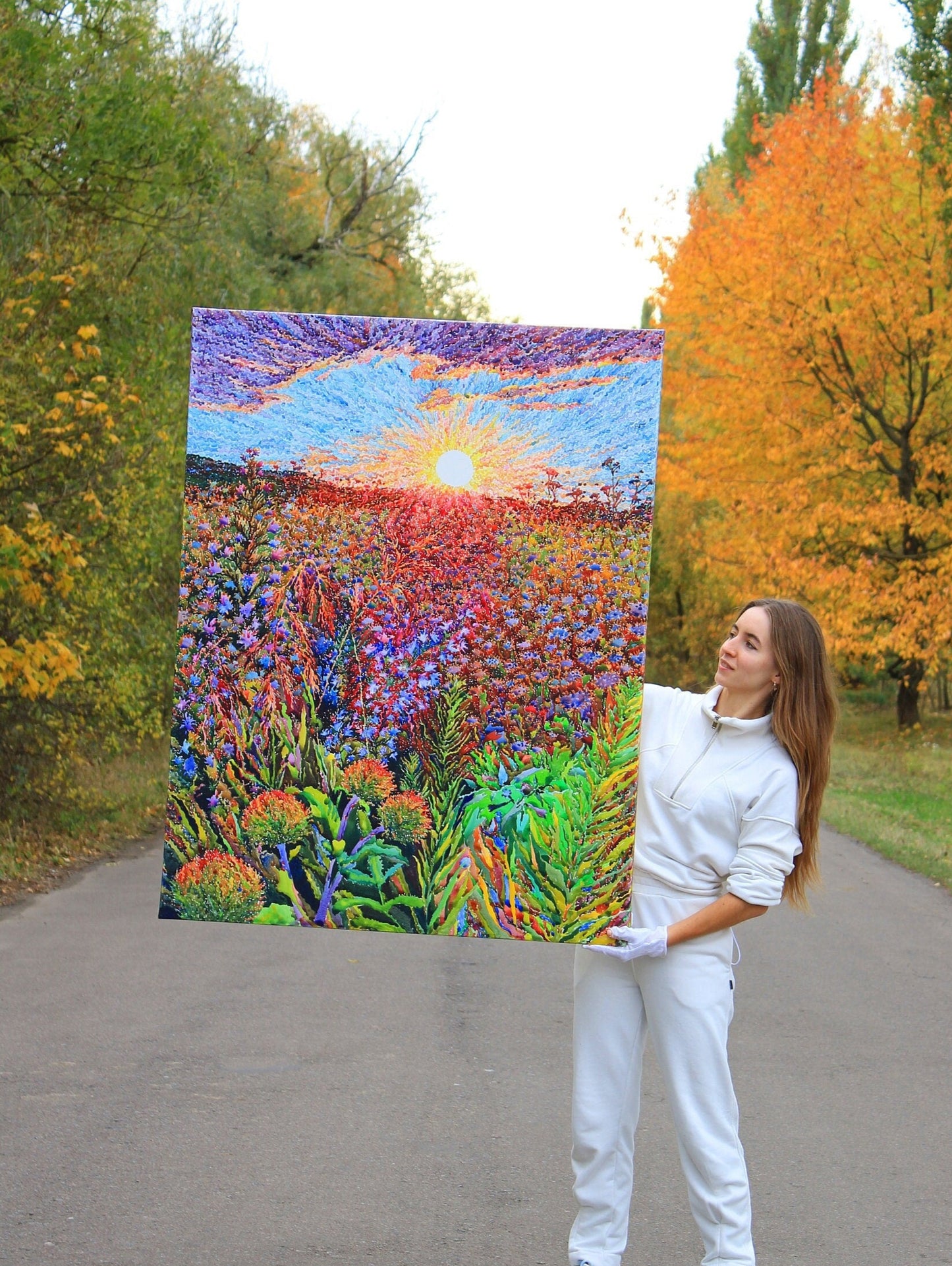 Extra Large Buckwheat Field Watercolor Painting by Tanbelia