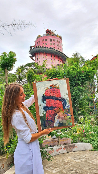 Sam Phran Temple in Bangkok Watercolor Artwork by Tanbelia