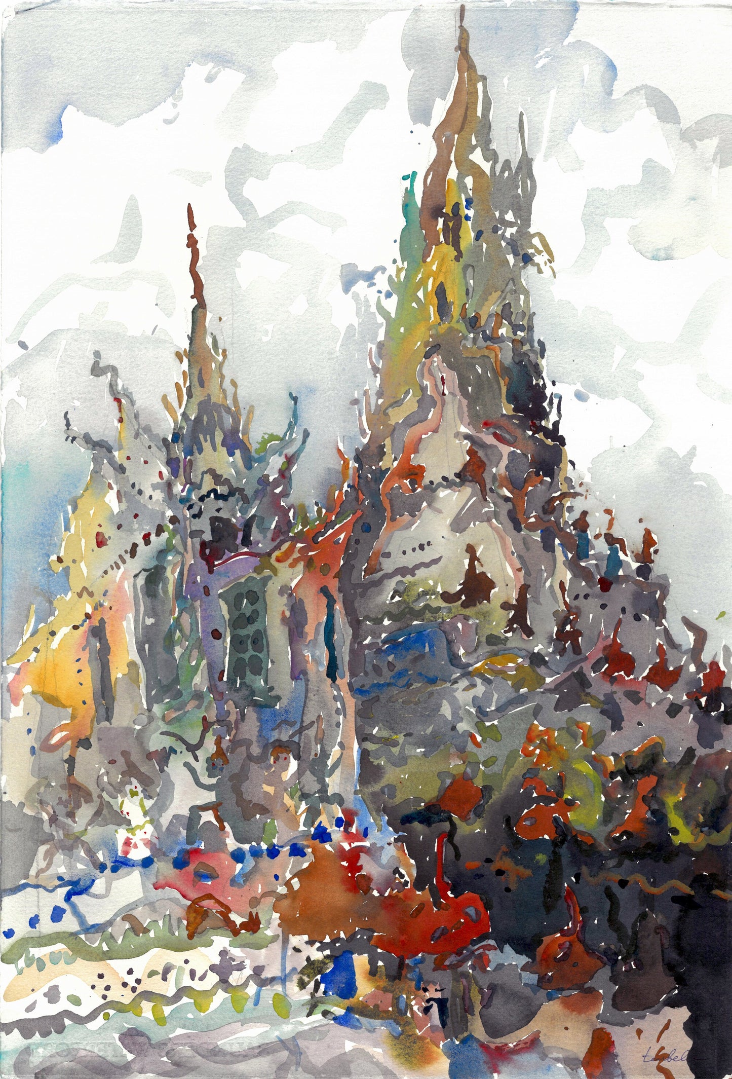 Wat Arun Buddhist Temple Watercolor Original Painting by Tanbelia