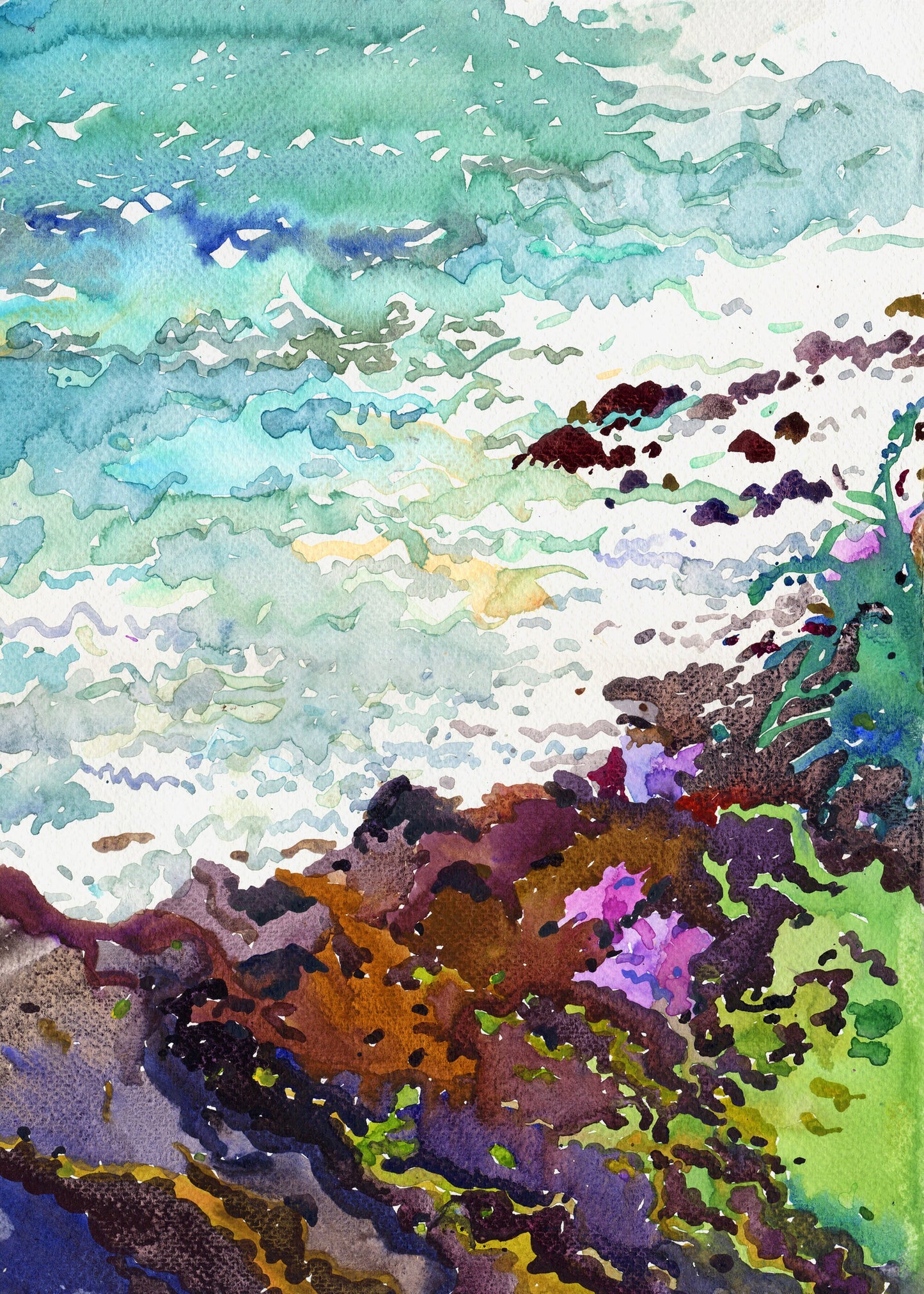 Parrot Rock Island in Mirissa Beach Watercolor Original Painting by Tanbelia