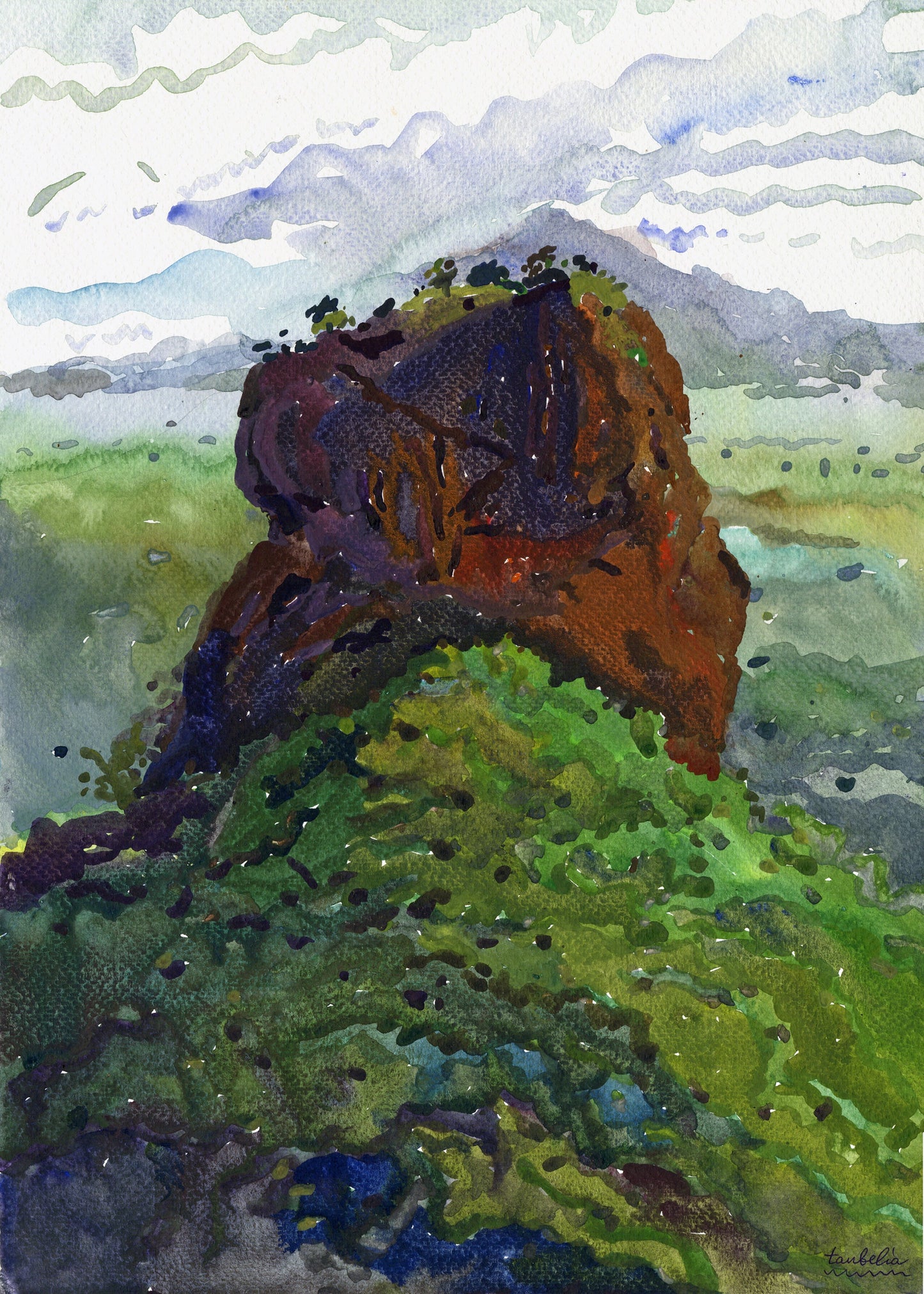 Sigiriya Rock Fortress Watercolor Original Painting by Tanbelia