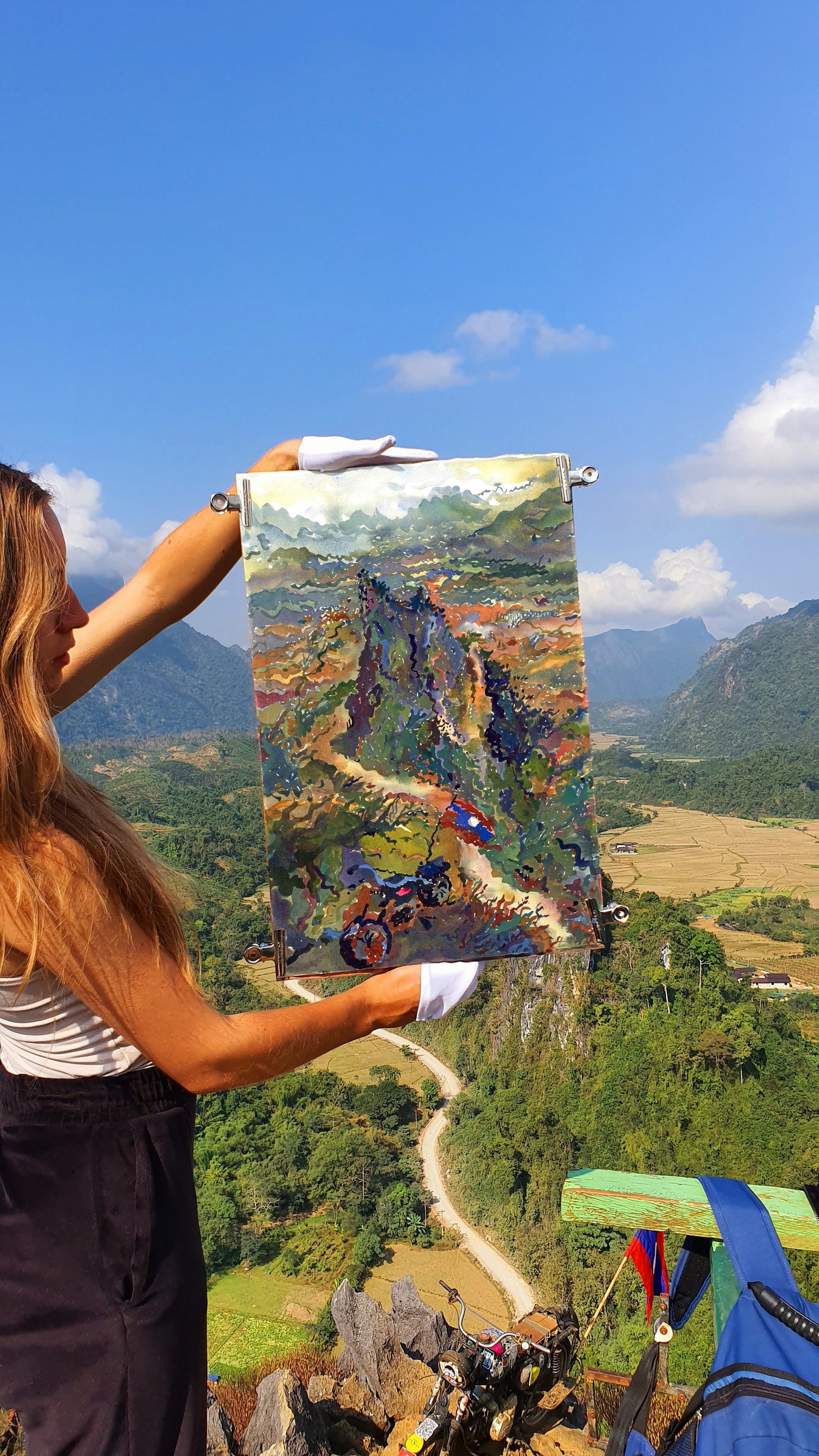 Nam Xay View Point Landscape in Laos Watercolor Painting by Tanbelia