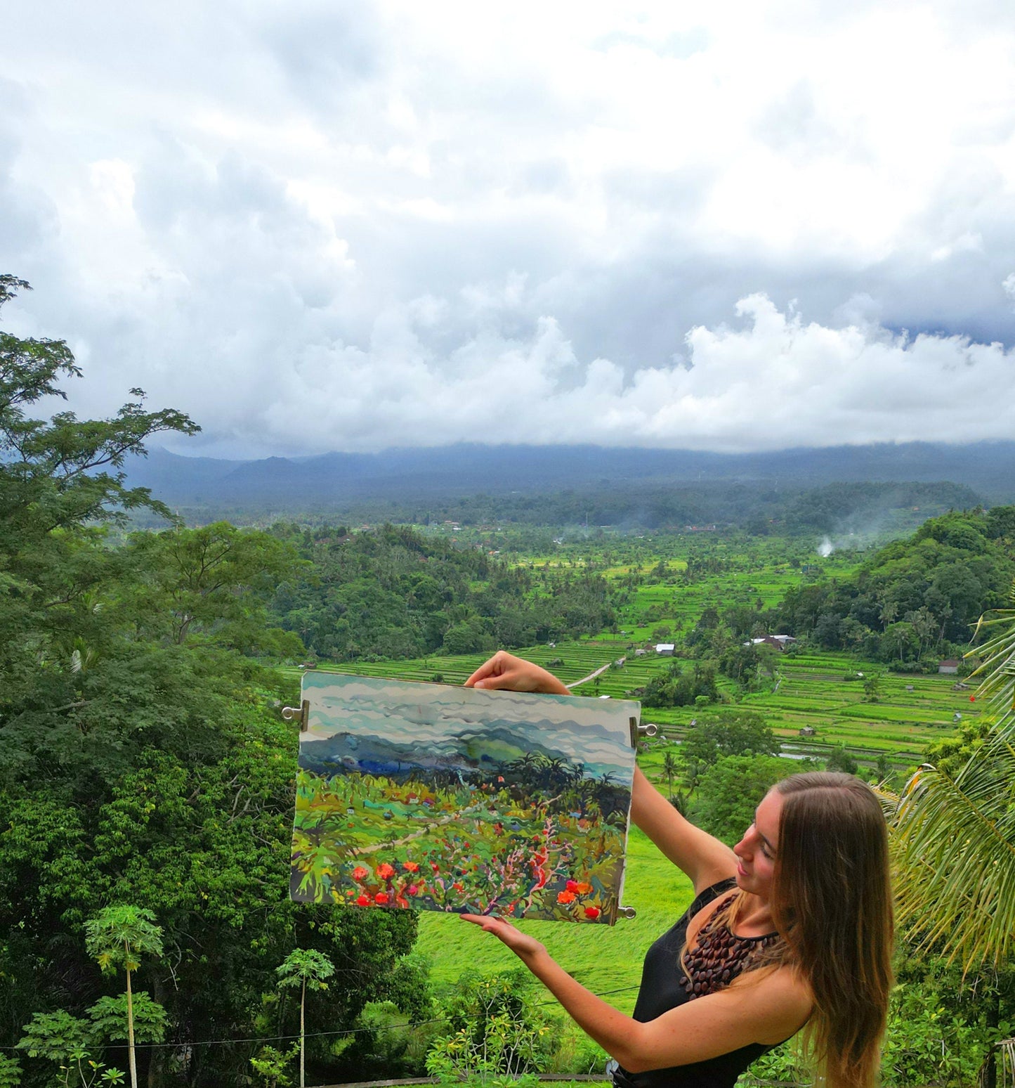 Agung Volcano Watercolor Original Artwork, Candidasa City in Bali Island Painting by Tanbelia