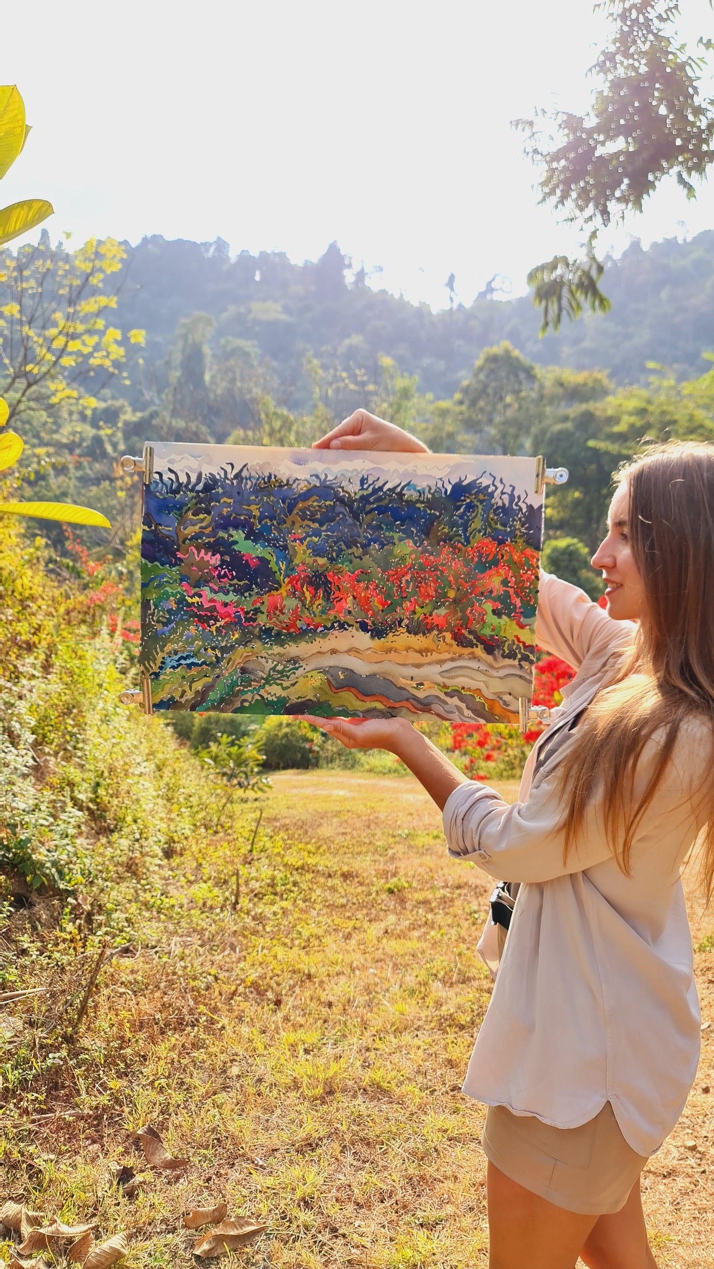 Poinsettia Flower Watercolor Painting, Nahm Dong Park in Luang Prabang by Tanbelia