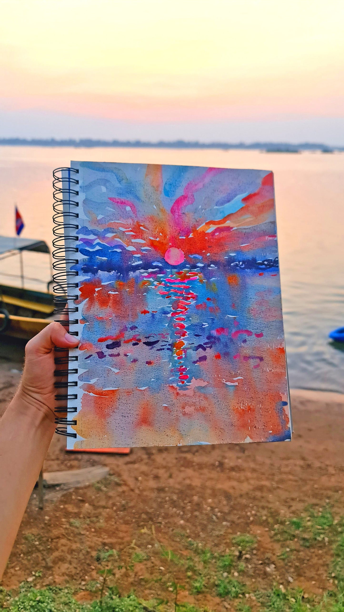 Sunset on the Mekong River Watercolor Original Painting by Tanbelia