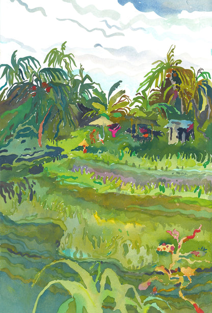 Ceking Rice Terrace in Ubud in Bali Watercolor Original Artwork by Tanbelia