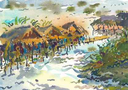 Wooden Houses on the River in Kampie Village Painting by Tanbelia