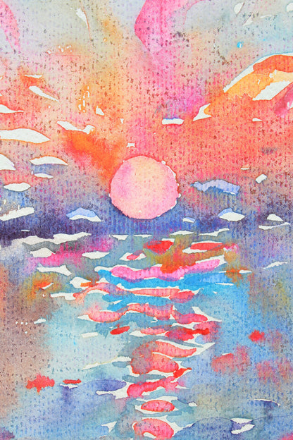 Sunset on the Mekong River Watercolor Original Painting by Tanbelia