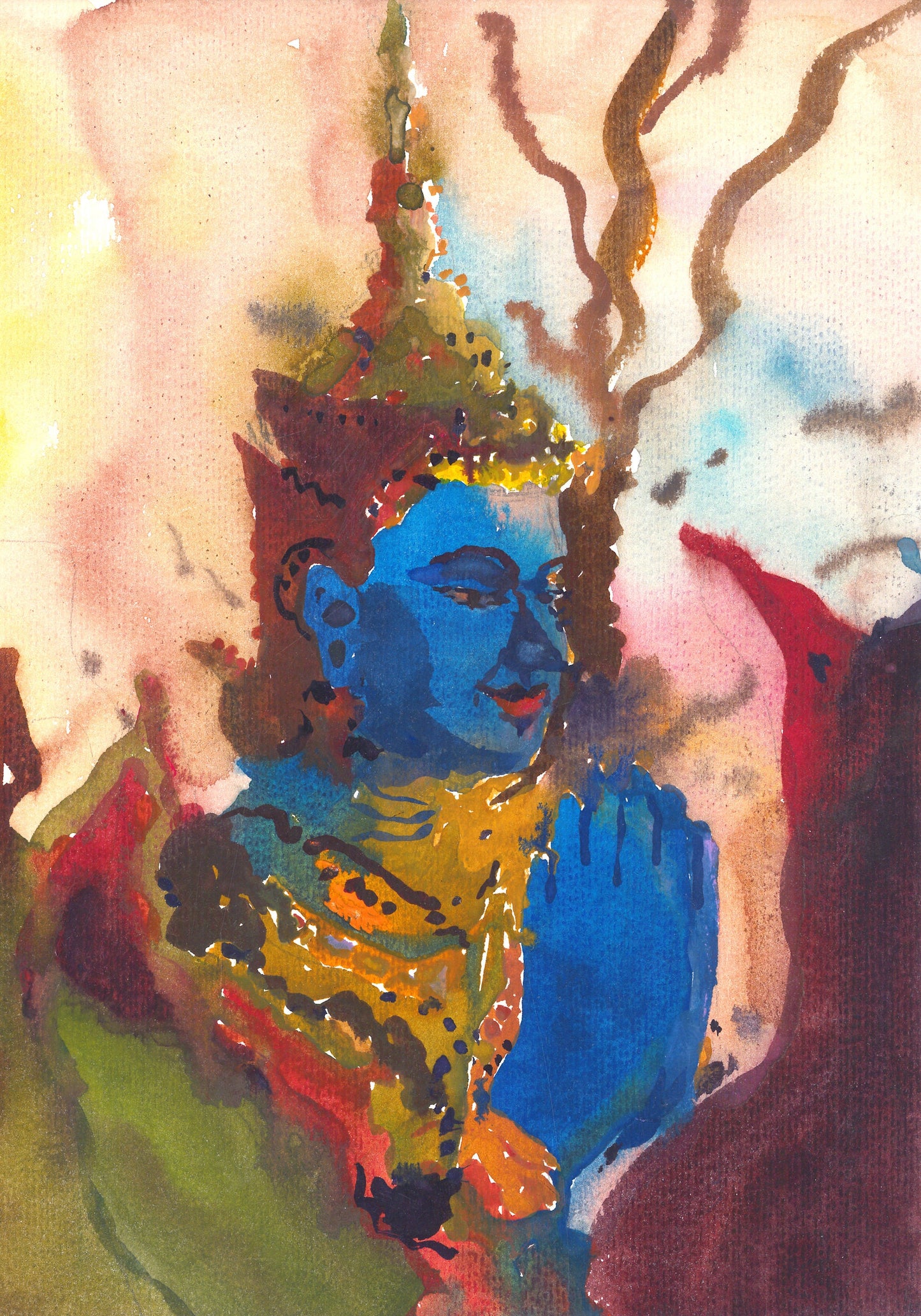 Blue Buddha Painting, Buddha Wall Art Painting, Watercolor Portrait Wall Art, Religious Art by Tanbelia