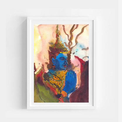 Blue Buddha Painting, Buddha Wall Art Painting, Watercolor Portrait Wall Art, Religious Art by Tanbelia