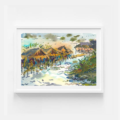 Wooden Houses on the River in Kampie Village Painting by Tanbelia