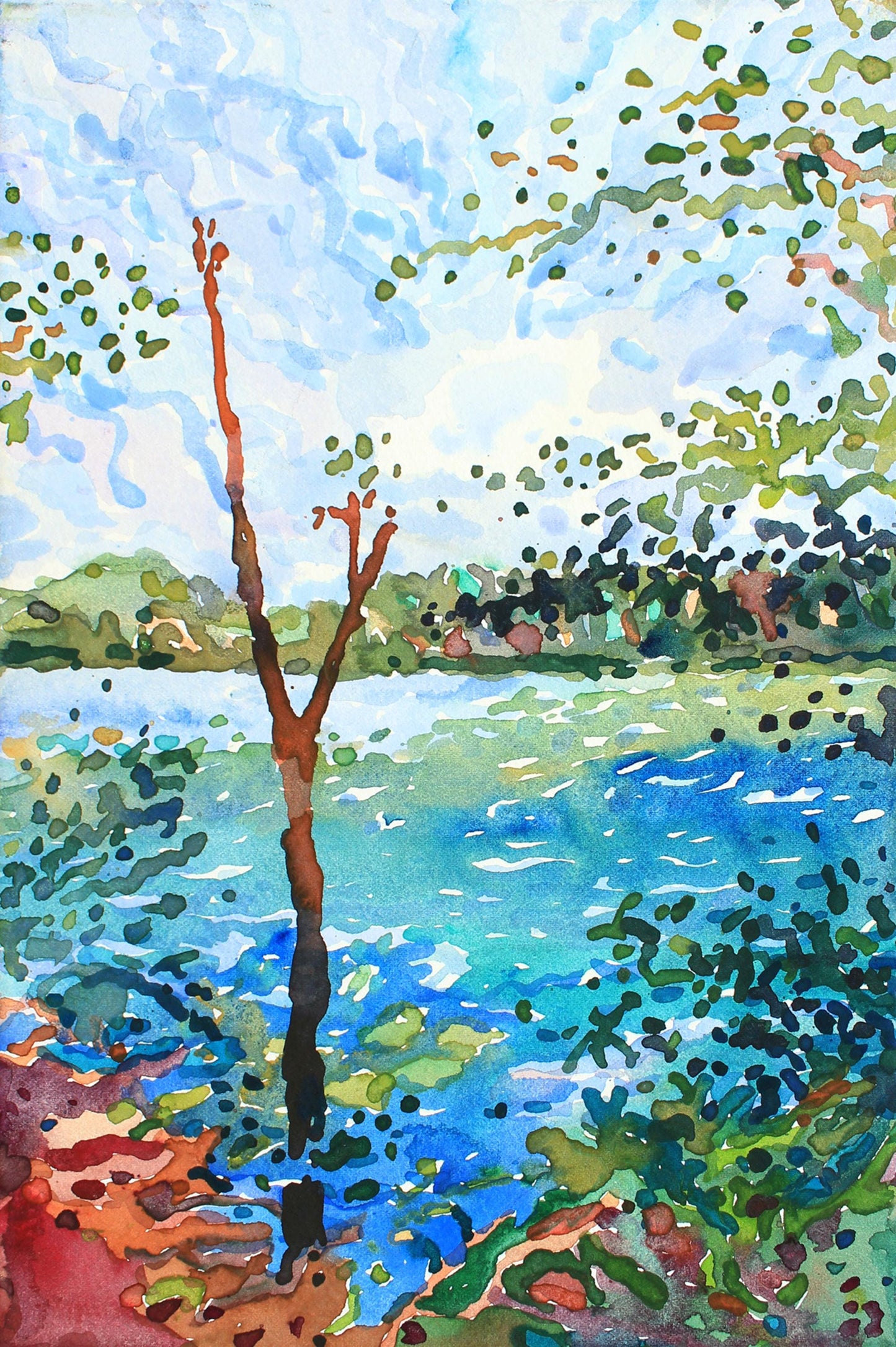 Quarry Lake Watercolor Original Framed Painting by Tanbelia