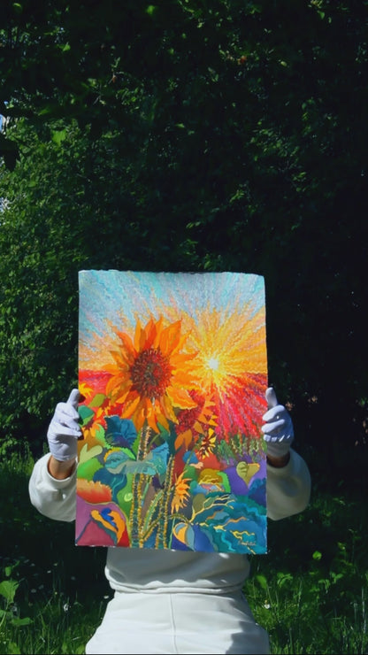 Sunflowers on the Sunset Watercolor Painting by Tanbelia