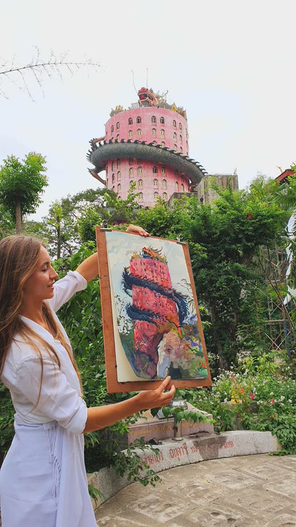 Sam Phran Temple in Bangkok Watercolor Artwork by Tanbelia