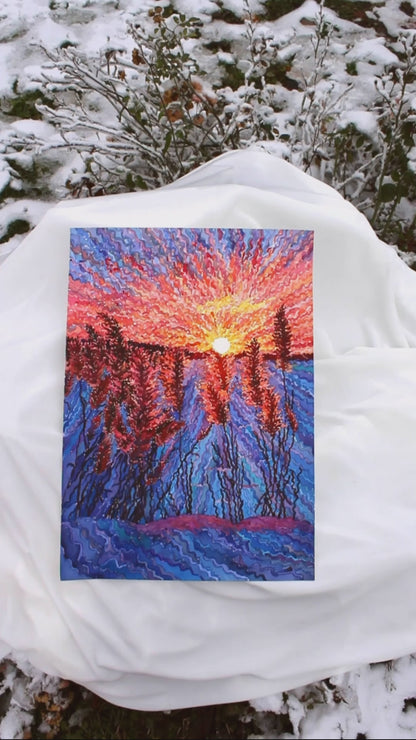 Winter Sunset Landscape Watercolor Original Painting by Tanbelia