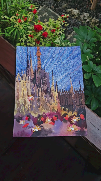 Milan City Watercolor Painting by Tanbelia