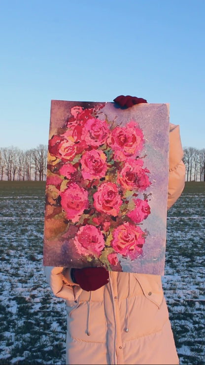 Pink Rose Original Watercolor Flower Painting by Tanbelia
