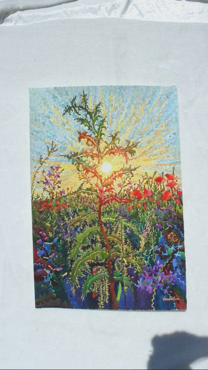 Summer Green Thistle Watercolor Painting by Tanbelia